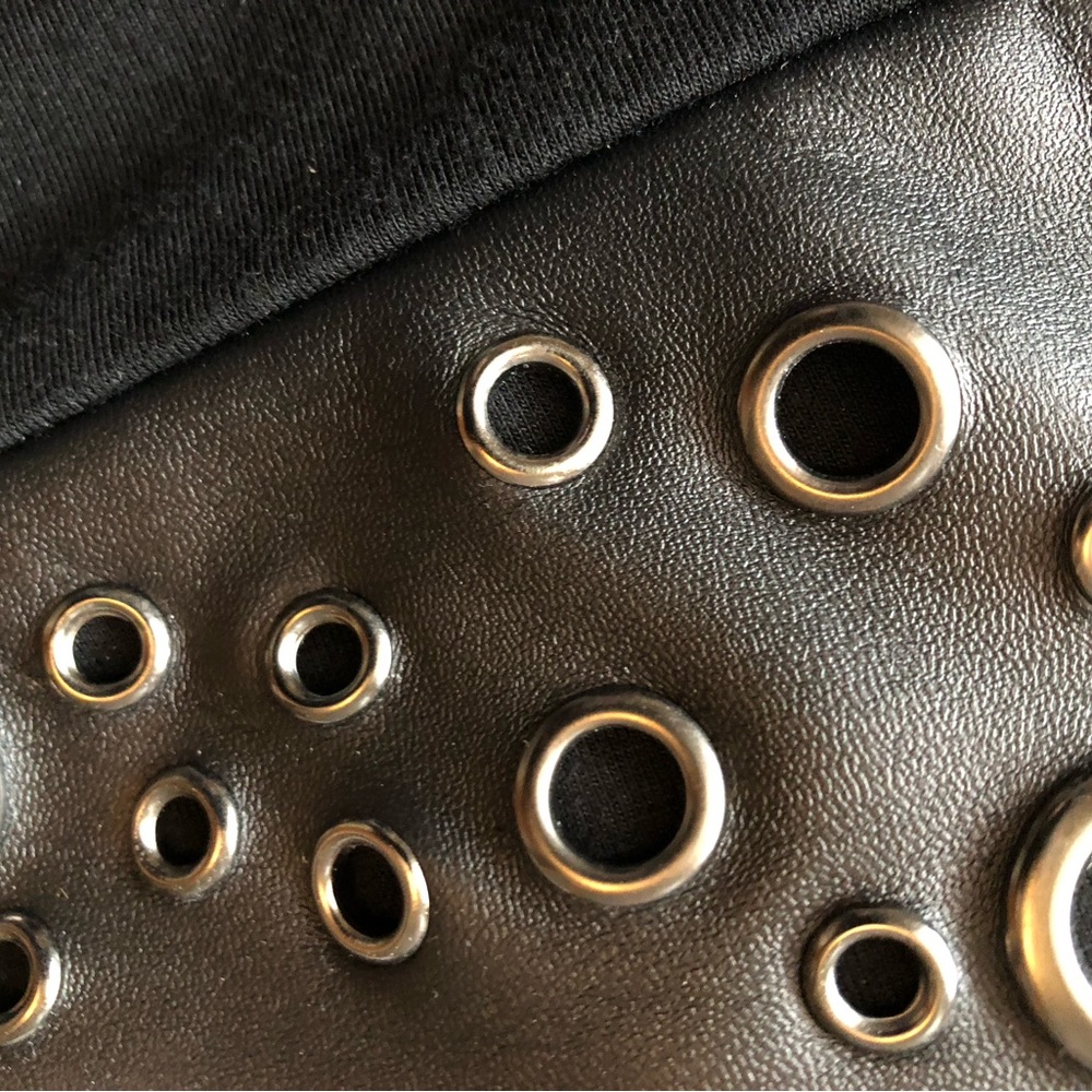Top, off shoulder long sleeve, leather like detail, very good condition